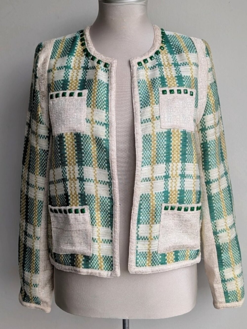 Anthropologie C. Luce Metallic Green Plaid Blazer Jacket